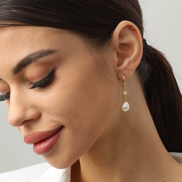 Pearl Drop Earrings Women Dangle Hoop Bridal Jewelry Lightweight Gold-Plated - Picture 3 of 6